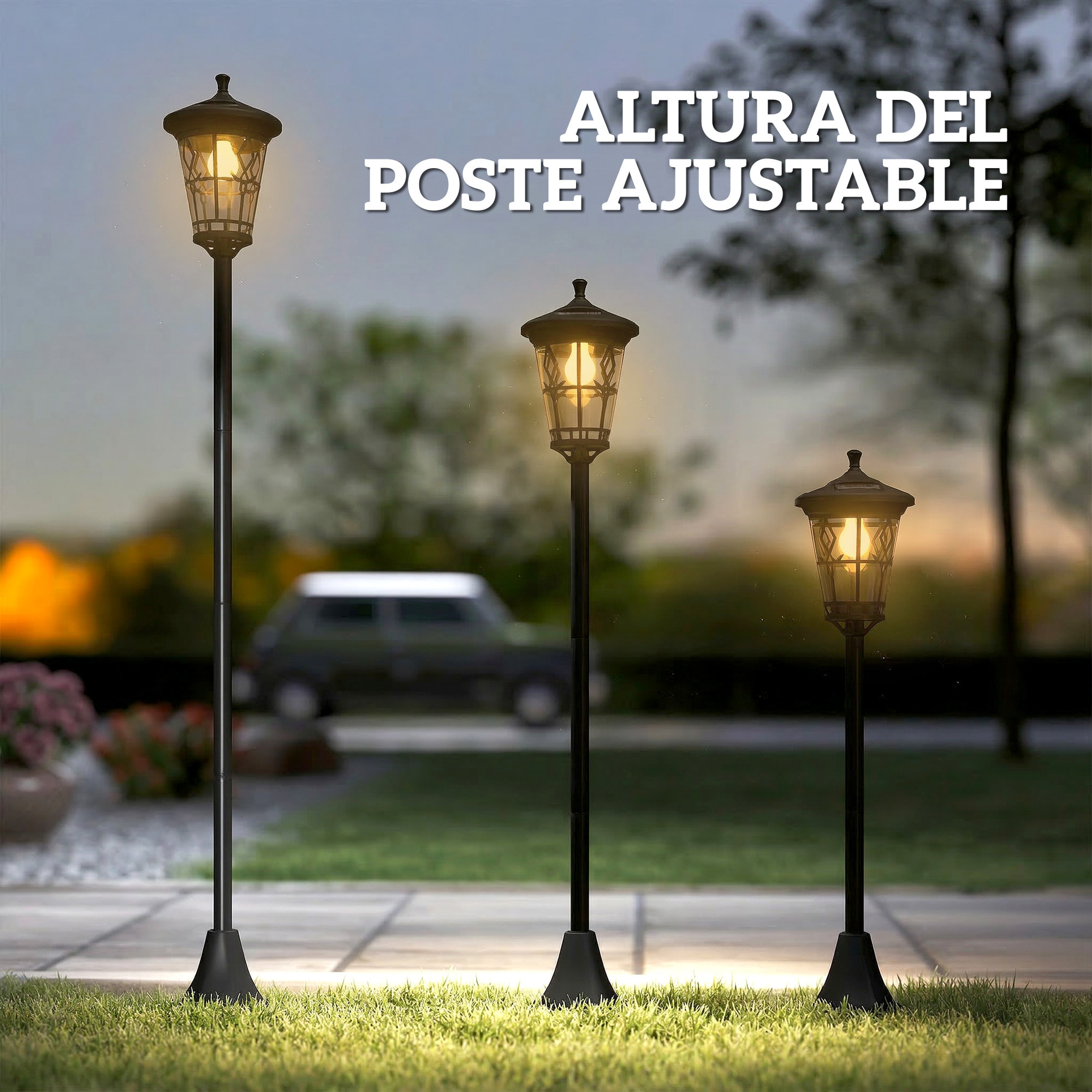 Set de 2 Farolas Solares de Jardín, Luces Solares de Exterior de Acero Inoxidable con Altura Ajustable, 2 Modos de Brillo, IP44 Impermeable, para Terraza, Patio, 23,5x23,5x186 cm, Negro