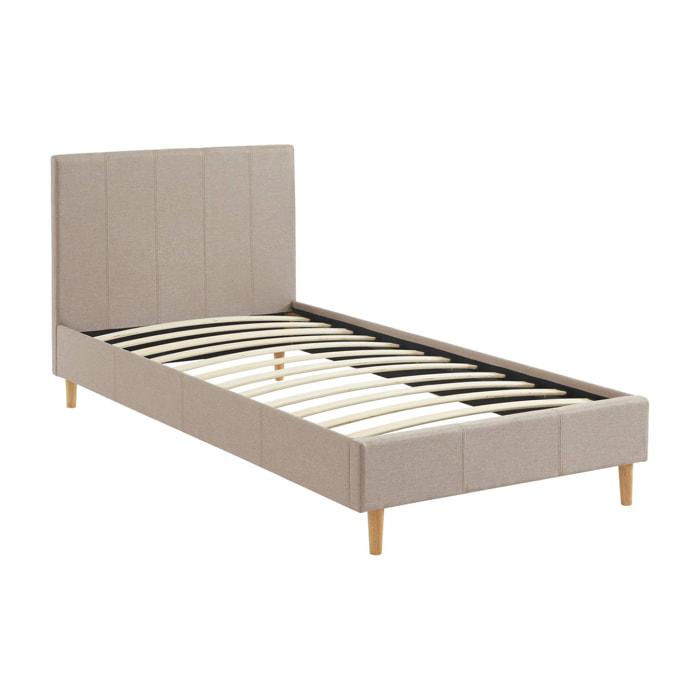 Lit avec sommier à lattes et tête de lit. finition tissu. beige. L 202 x P 96 x H 88cm