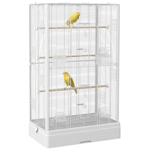 Jaula para Pájaros 61x36,5x98 cm Pajarera con Puertas Perchas Bandeja Extraíble Cajas de Comidas y Asas Jaula para Ninfas Periquitos Pinzones Canarios Blanco