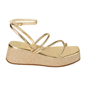 Sandalias doradas, cuña con purpurina 5,5 cm