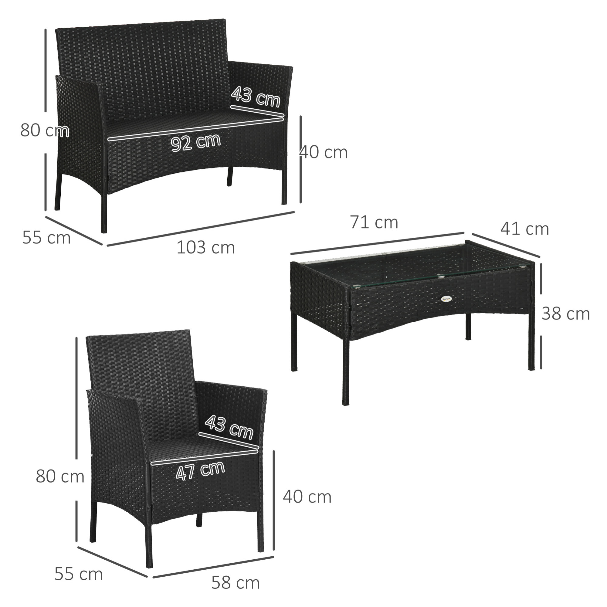 Outsunny Conjunto de Jardín de Ratán Sintético Juego de 4 Piezas Muebles de Jardín con 2 Sillones 1 Sofá de 2 Plazas 1 Mesa de Centro con Tablero de Vidrio y Cojines Negro y Crema