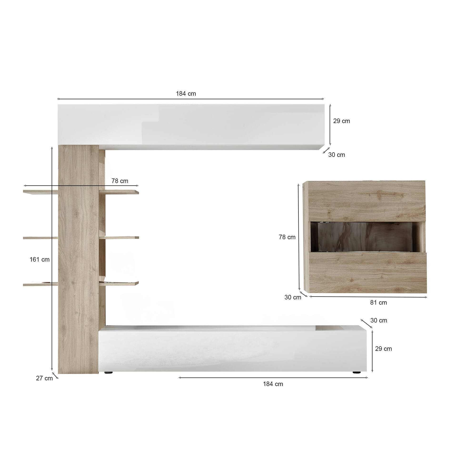 Parete attrezzata Aragosta, Composizione soggiorno, Mobile salotto multiuso, Armadio porta TV, Made in Italy, 295x30 h187 cm, Bianco lucido e Rovere