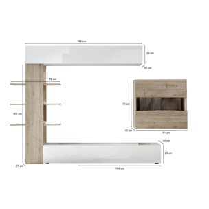 Parete attrezzata Aragosta, Composizione soggiorno, Mobile salotto multiuso, Armadio porta TV, Made in Italy, 295x30 h187 cm, Bianco lucido e Rovere