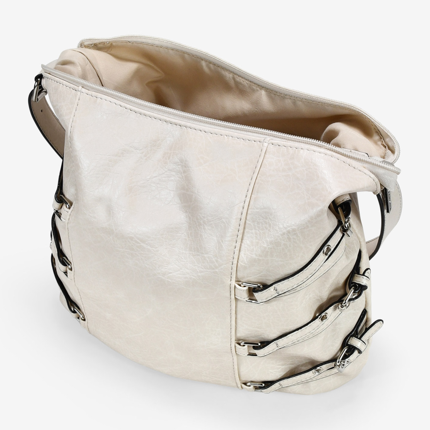 Bolso de hombro beige con hebillas
