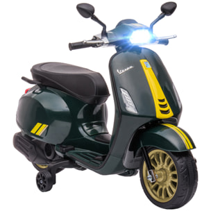 Scooter électrique enfant Vespa 6V - musiques, feu AV, entrée USB, radio FM - 2 roues support aux. - vert