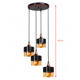 Lustre 4 suspensions en verre ambré métal noir et effet cuivre CUENCA