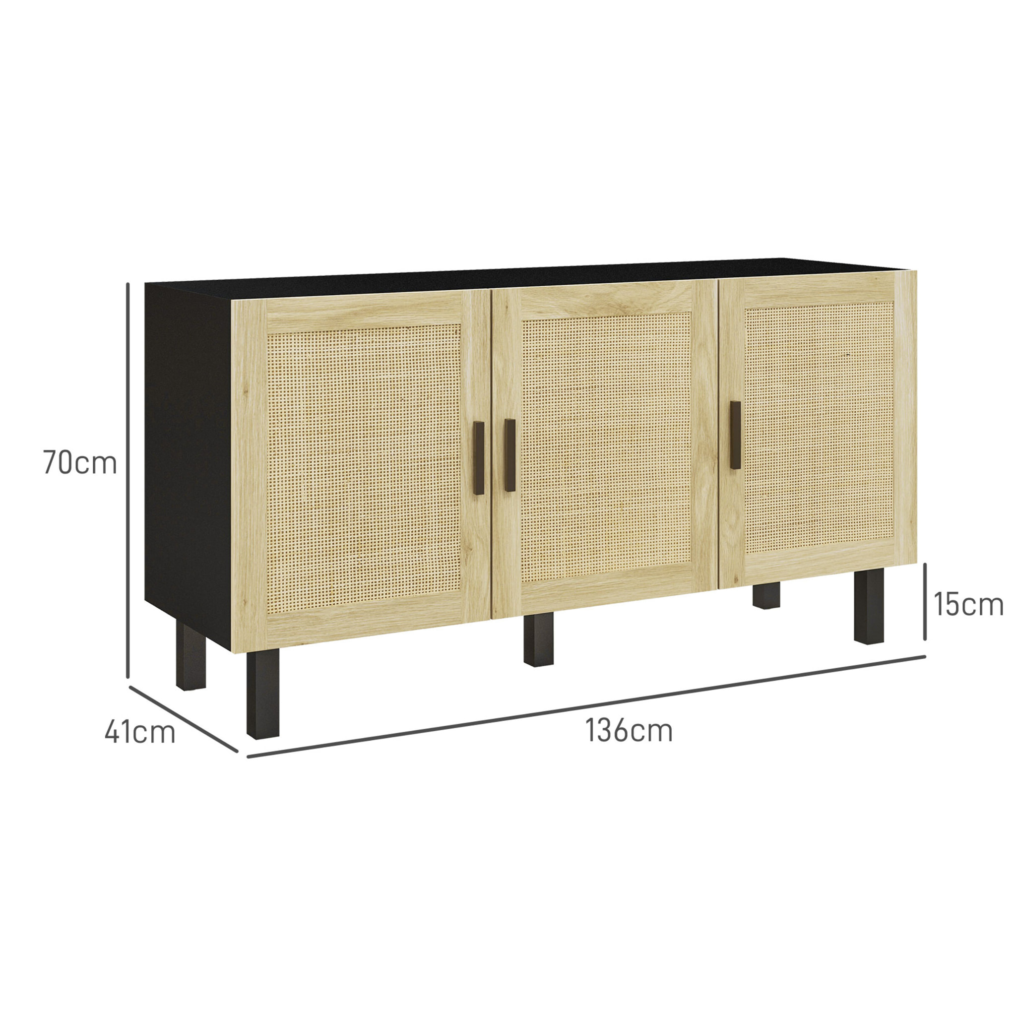 Buffet 3 portes style bohème chic cannage en rotin panneaux aspect bois clair noir