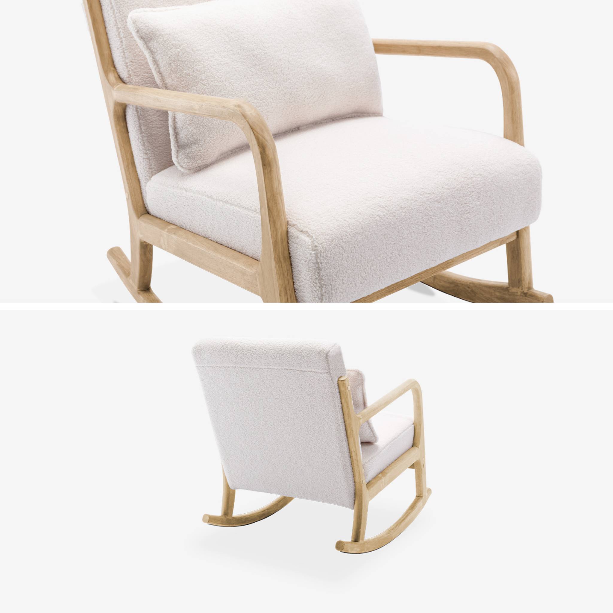 Fauteuil à bascule design en bois et tissu. bouclettes blanches. 1 place. rocking chair scandinave