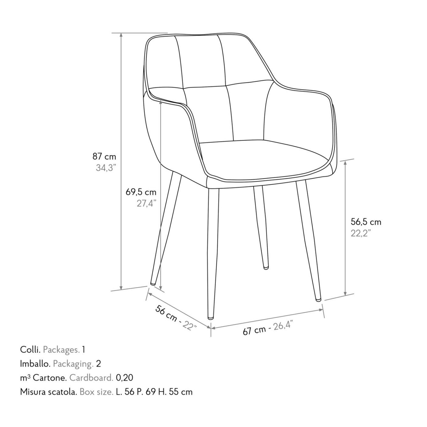 Set di 2 sedie PARIGI in ecopelle castagna e gambe in metallo nero, con braccioli