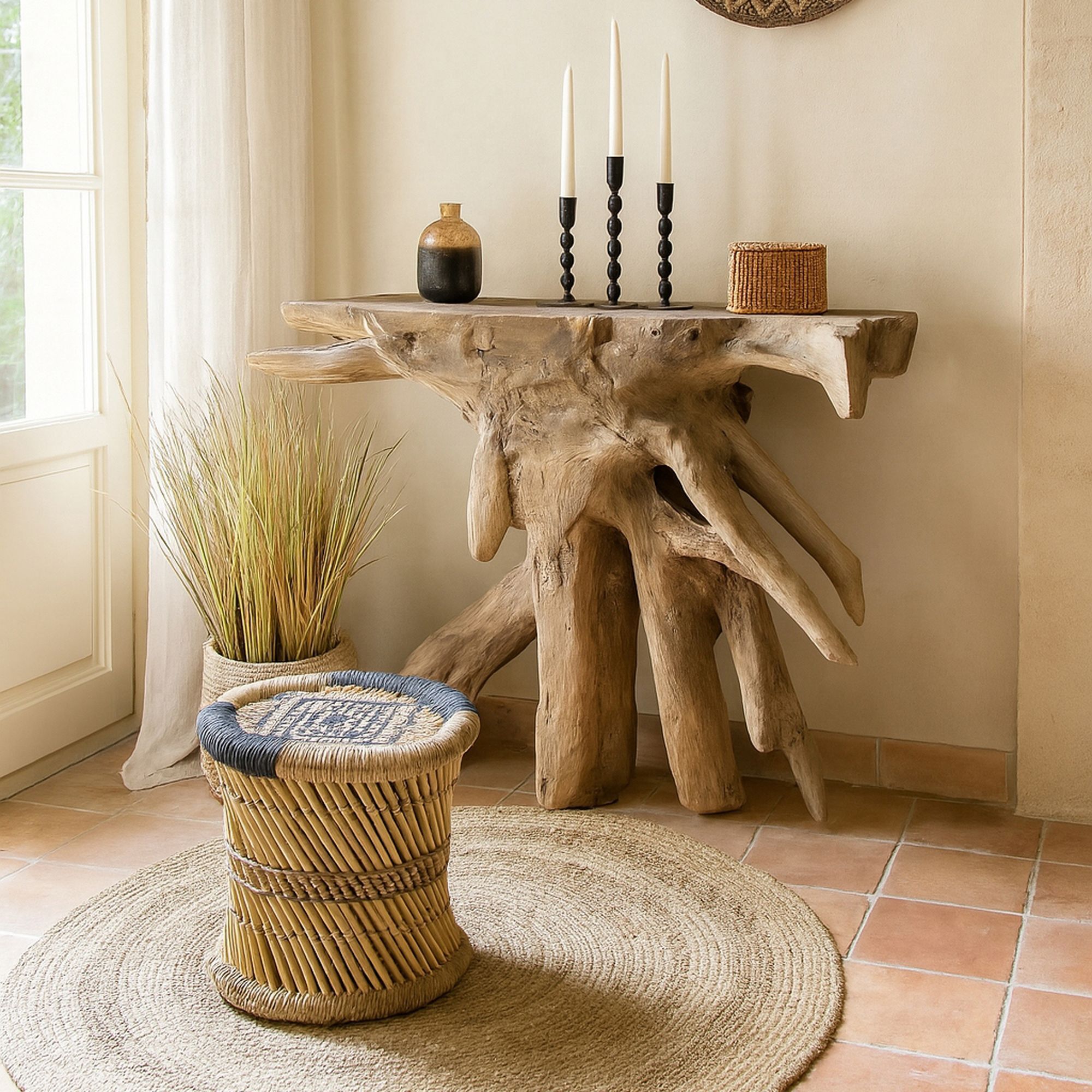 Meuble d'appoint en bambou tressé naturel et noir ZAMZEBE