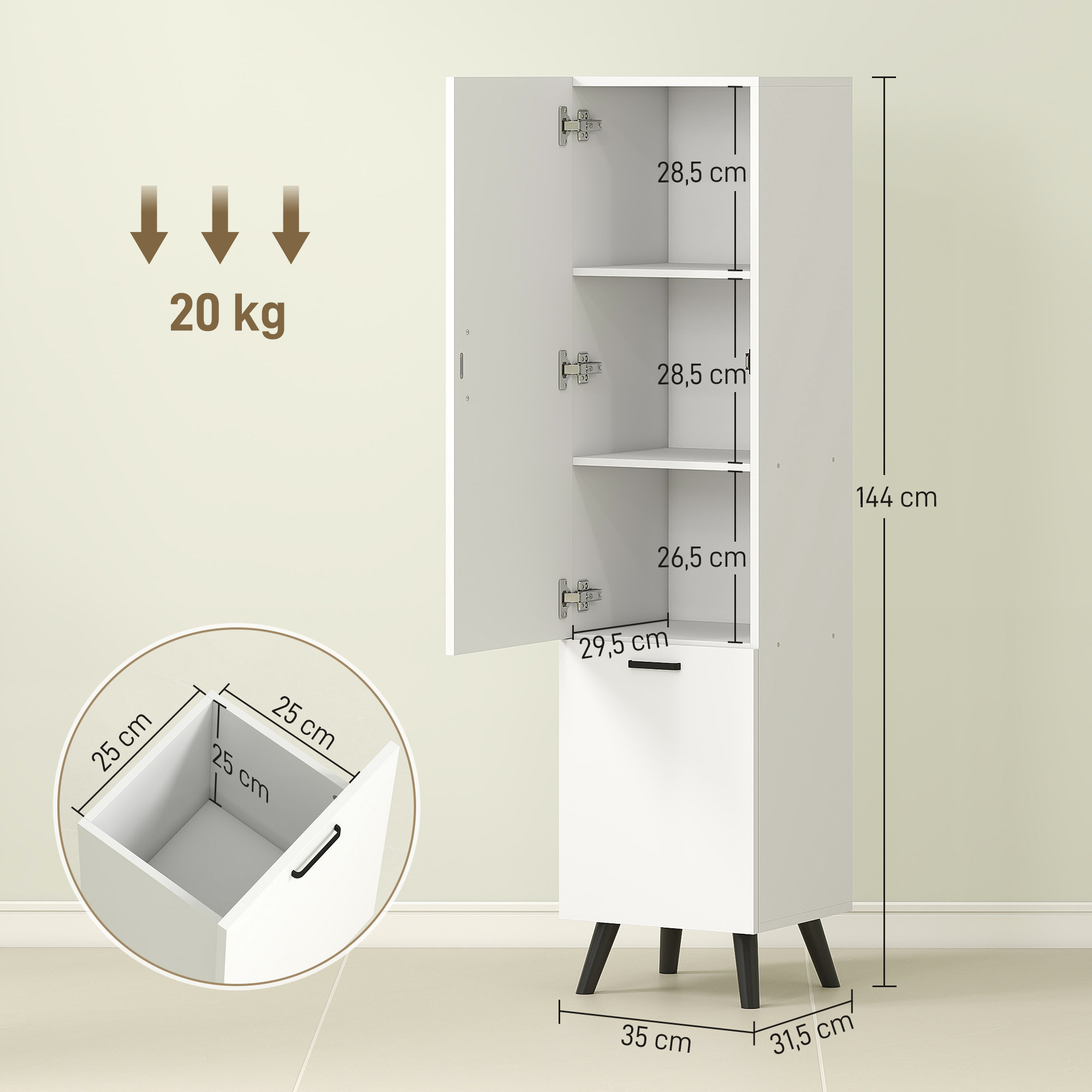 Armario de Baño Alto con Cesto Ropa Sucia Columna de Baño Estrecho con Puerta y Estantes Mueble Auxiliar para Salón Cocina 35x31,5x144 cm Blanco