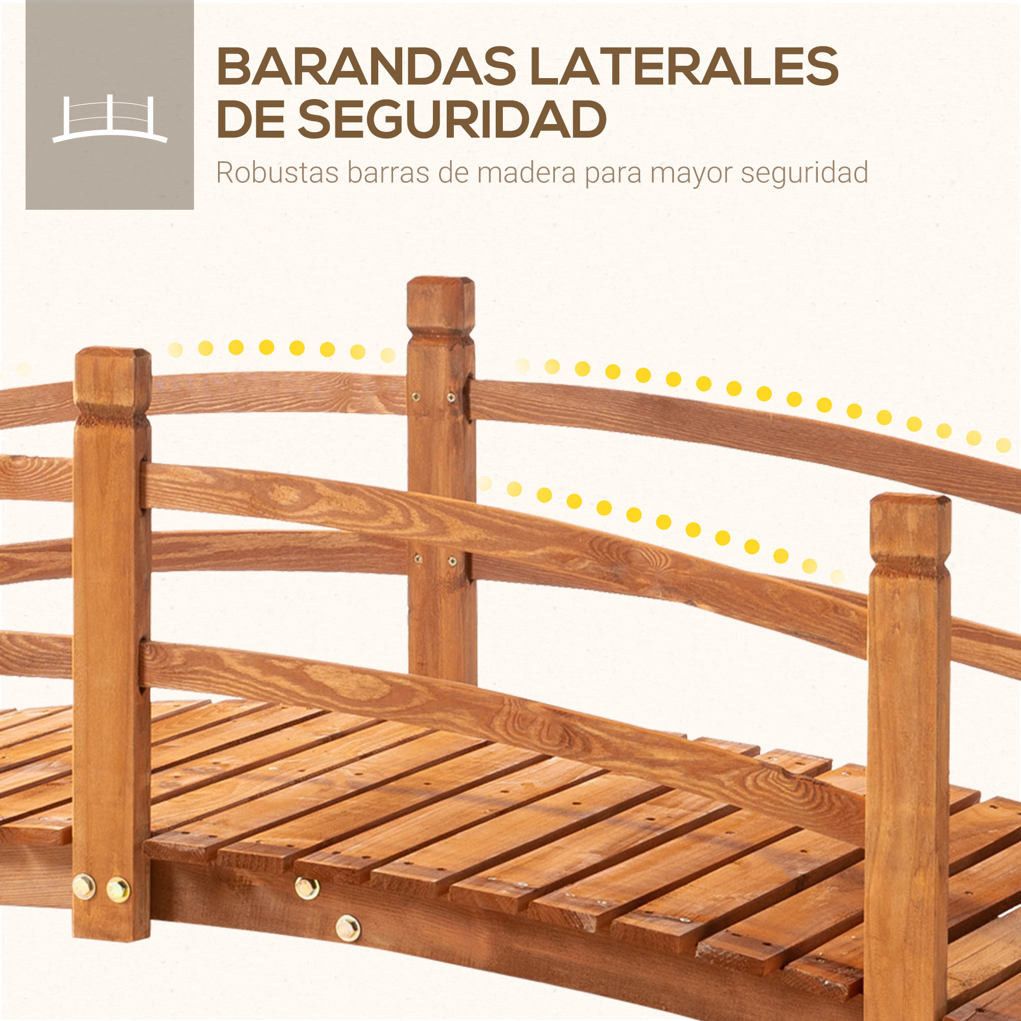 Puente de Arco de Madera 185x72x58 cm con Pasamanos Puente de Jardín para Decoración Patio Carga 200 kg Natural