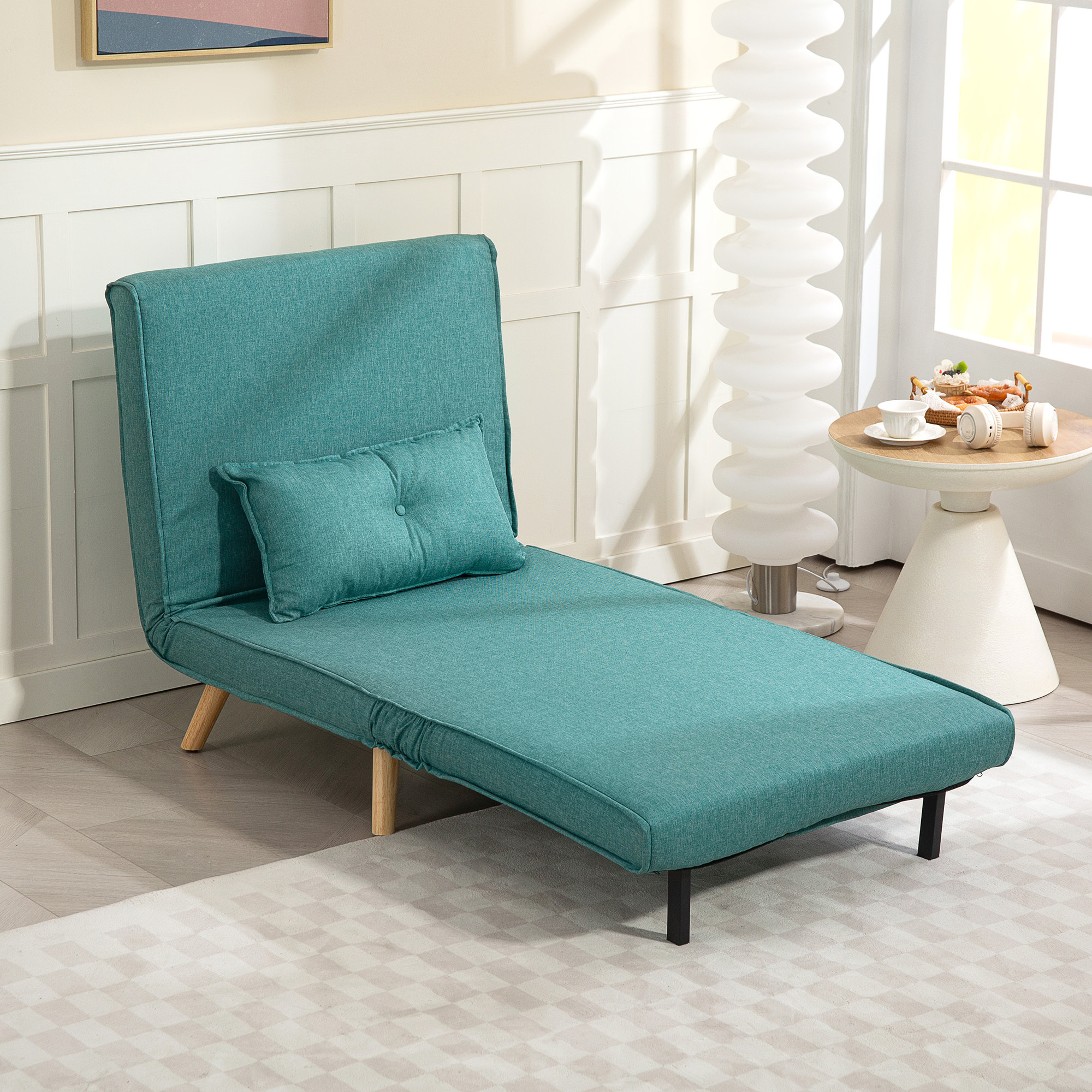 Fauteuil convertible style nordique - fauteuil lit chaise longue 3 en 1 - dossier inclinable - bois tissu turquoise