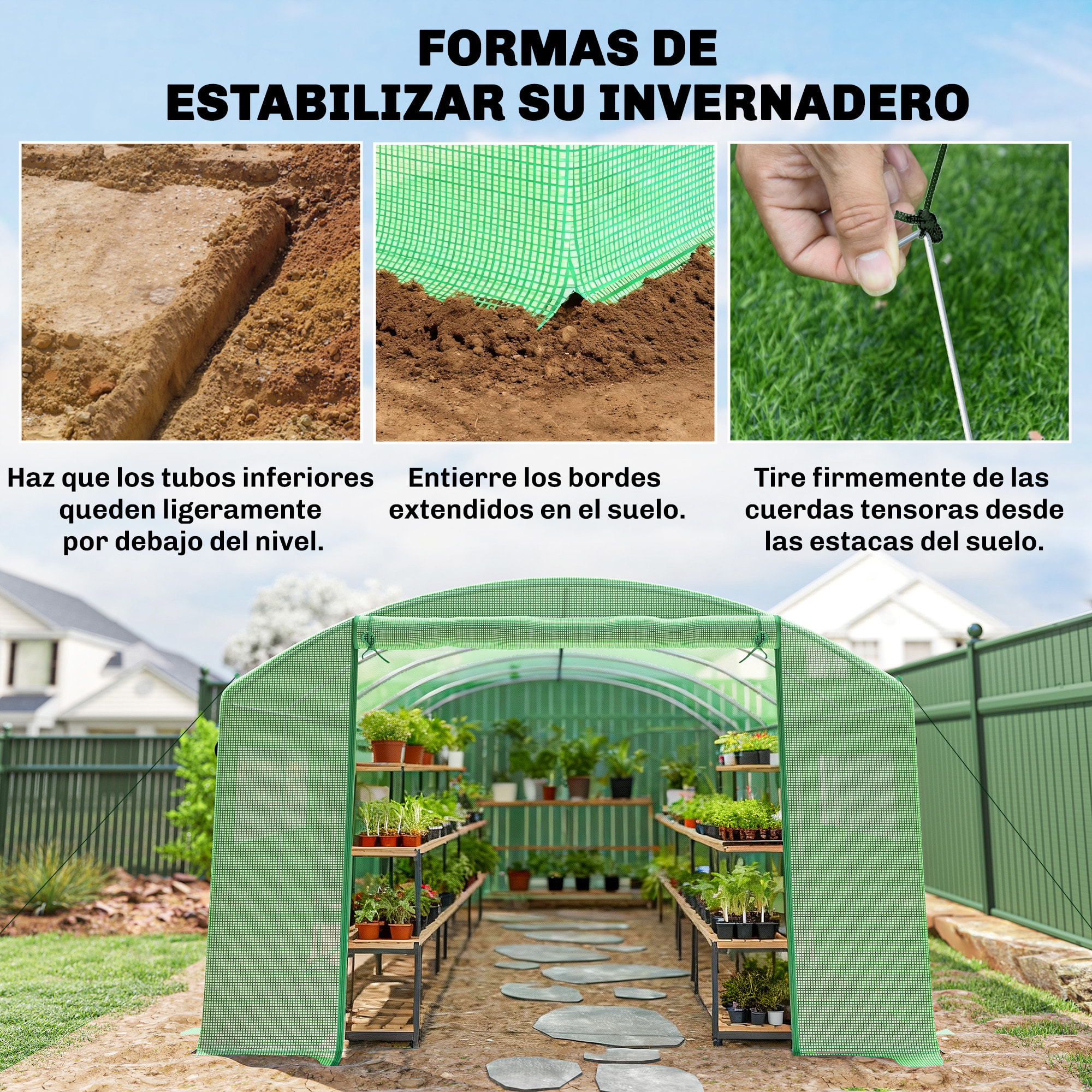 Invernadero de Exterior 6x3x2 m, Invernadero de Túnel con 3 Puertas Enrollables, Ventanas de Malla, Cubierta PE 140g/m² Anti-UV y Marco de Acero Galvanizado, para Cultivos, Plantas, Verde
