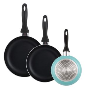 set de batería de cocina de 12pc en acero inoxidable + 3 sartenes ø16ø20ø24cm azul mate en aluminio prensado