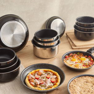 Set de 2 Sartenes Ø24Ø28cm con Mango extraíble + 3 Cazos Ø16Ø18Ø20cm con Mango extraible - en Aluminio prensado color Negro Click&Cook Bergner