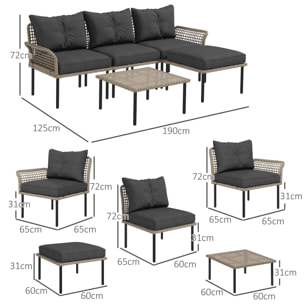 Outsunny Conjunto de Jardín de Ratán Sintético Juego de 5 Piezas Muebles de Jardín con 2 Sofás Esquineras 1 Sofá de Exterior 1 Taburete 1 Mesa de Centro y Cojines para Terraza Patio Gris