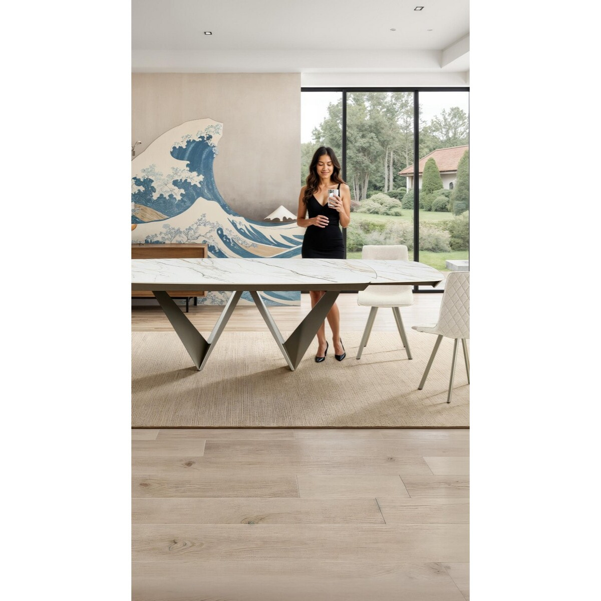 Table à manger extensible Tomasucci CLEFT EVO, en céramique, marbre onyx, platine, 200/250/300 × 100 × 76,5 cm