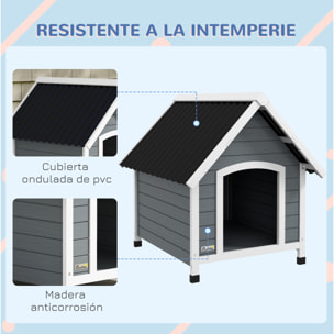 Caseta para Perros 75x88x82 cm Casa para Perros Medianos con Techo de Tejas de Imitación Base Elevada y Suelo Desmontable para Exterior Gris