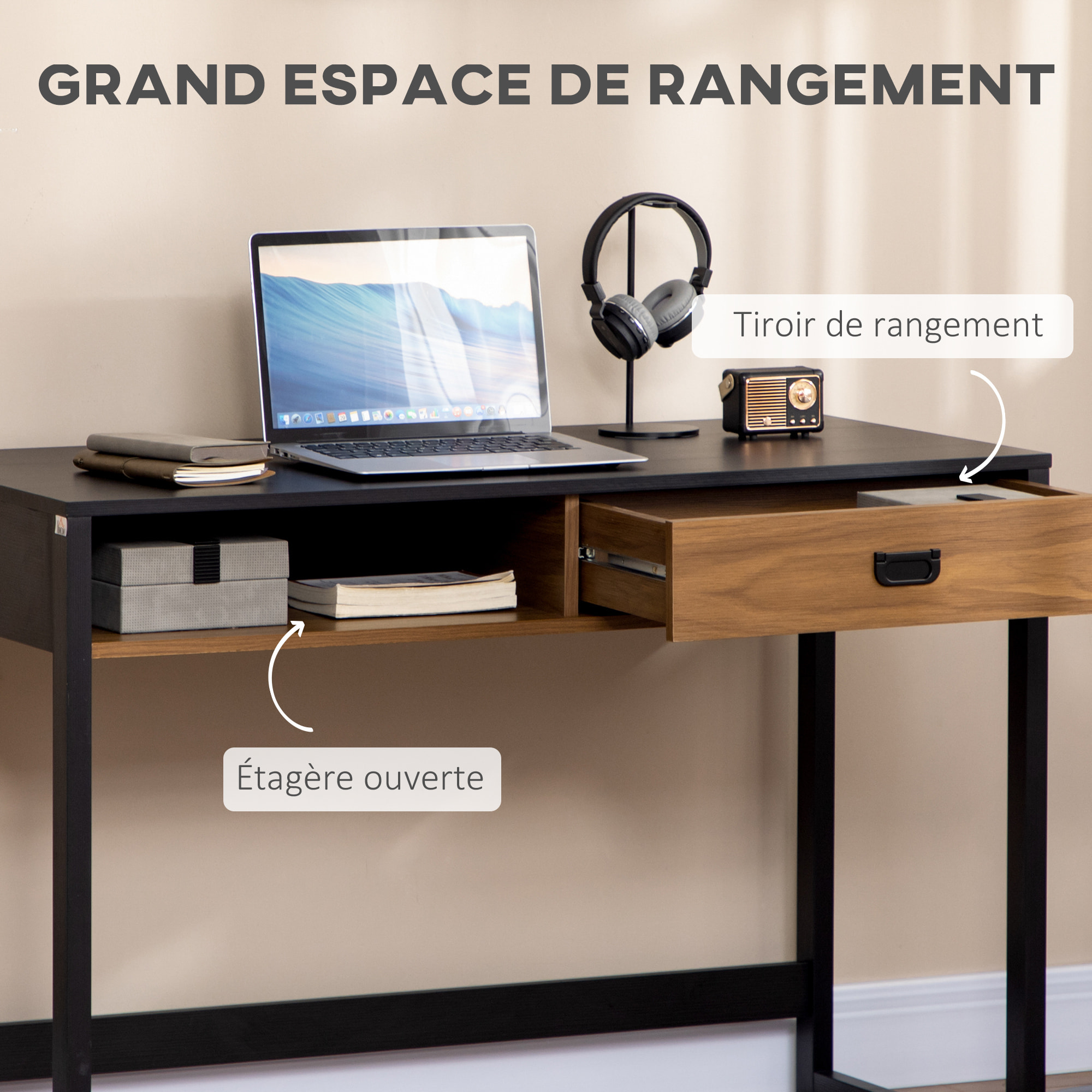 Bureau style industriel casier tiroir coulissant panneaux MDF noir aspect noyer