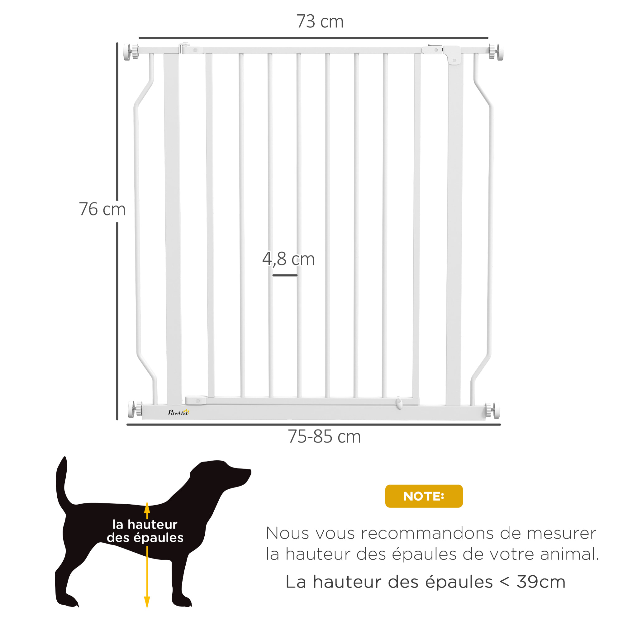 Barrière de sécurité barrière pour animal domestique longueur réglable barrière escaliers couloirs portes sans perçage en acier et ABS dim. 75-85L x 76H cm blanc