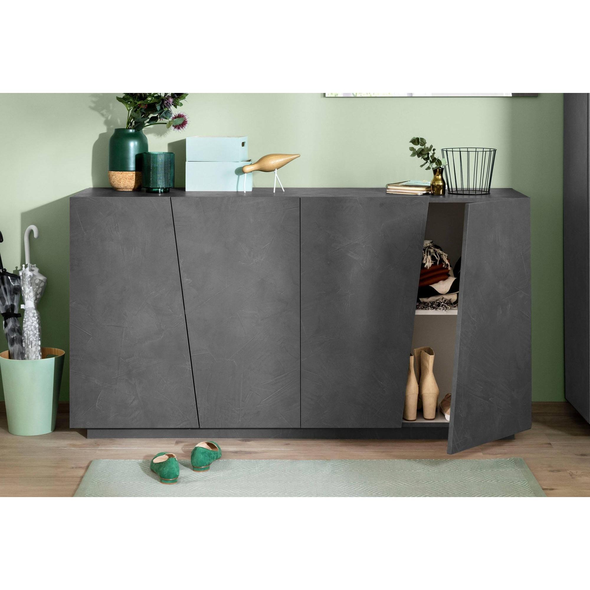 Credenza moderna a 4 ante, Made in Italy, Madia da cucina, Buffet di design da soggiorno, cm 159x43h86, colore Grigio Ardesia