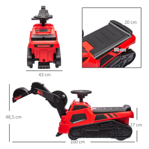 Tracteur tractopelle Enfant porteur dès 18 mois avec excavatrice, rouleau compresseur et pelle, fonction musique PP, rouge Noir