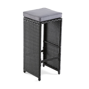 Yoana – ensemble table haute et tabourets de jardin en résine noir - 6 places - coussins gris - Noir / Gris