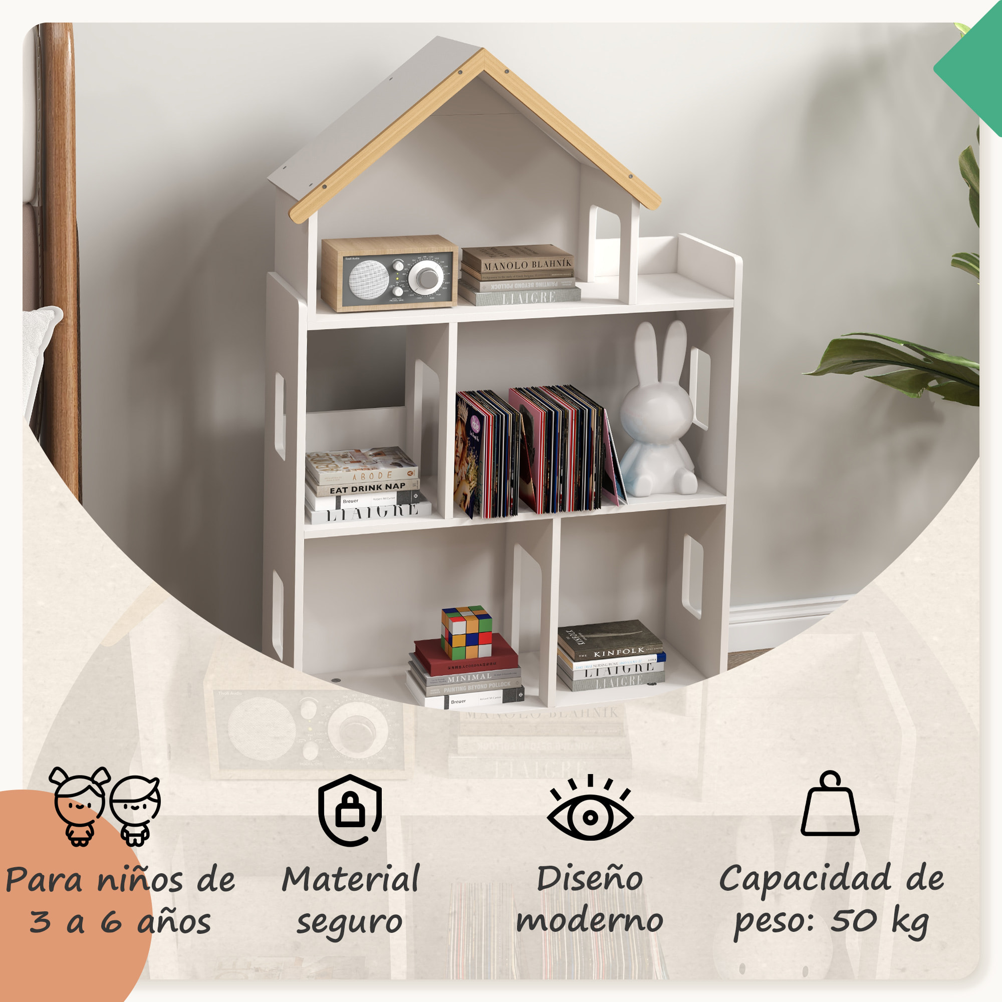 Estantería para Juguetes para Niños Organizador Infantil de 3 Niveles con 1 Techo Carga 50 kg para Sala de Juegos Habitación Guardería 65x25x108,5 cm Blanco