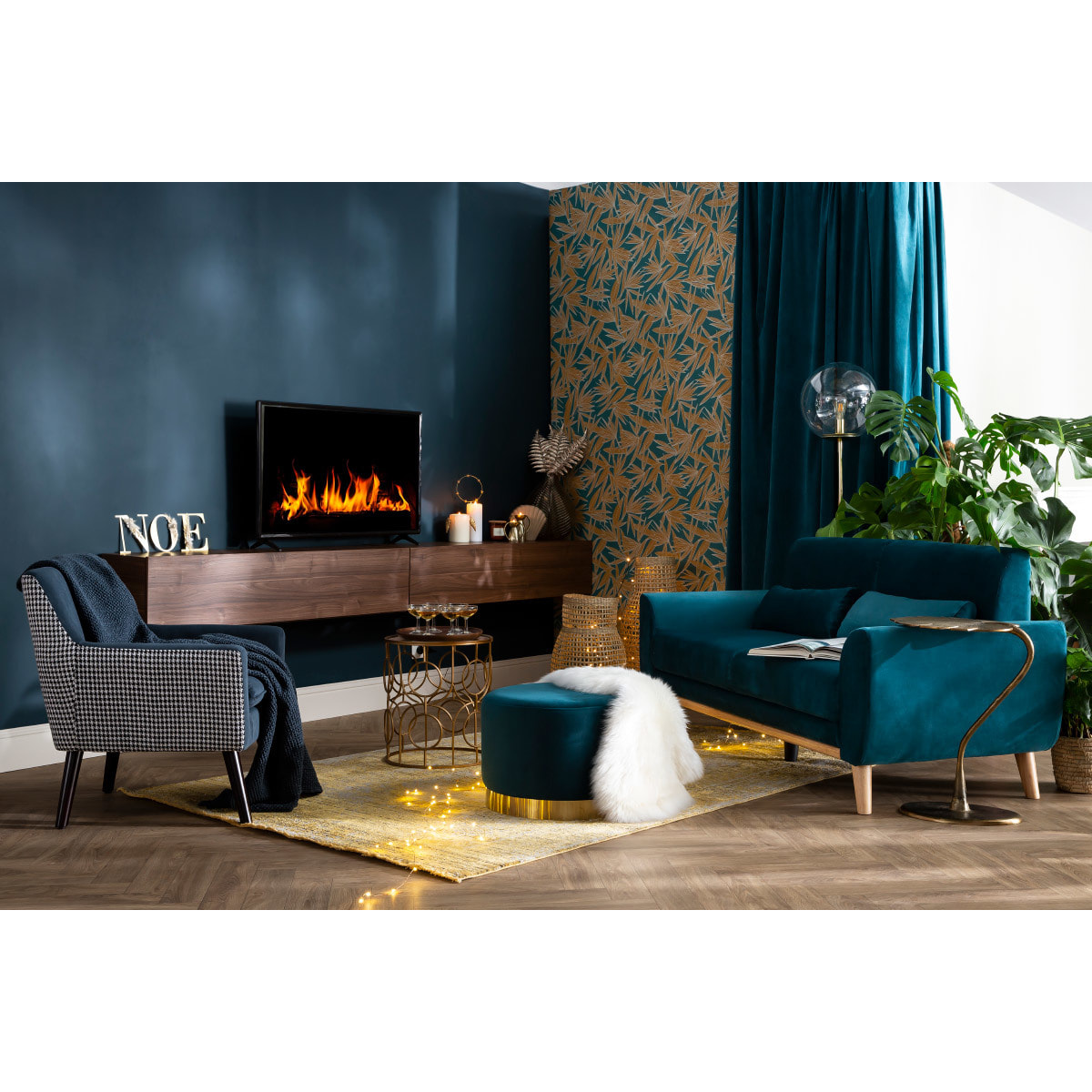 Canapé scandinave 3 places en tissu velours bleu pétrole et bois clair EKTOR