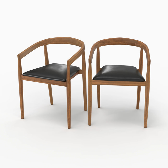 Lot de 2 chaises en bois de teck vernis et assise en cuir noir - Bali