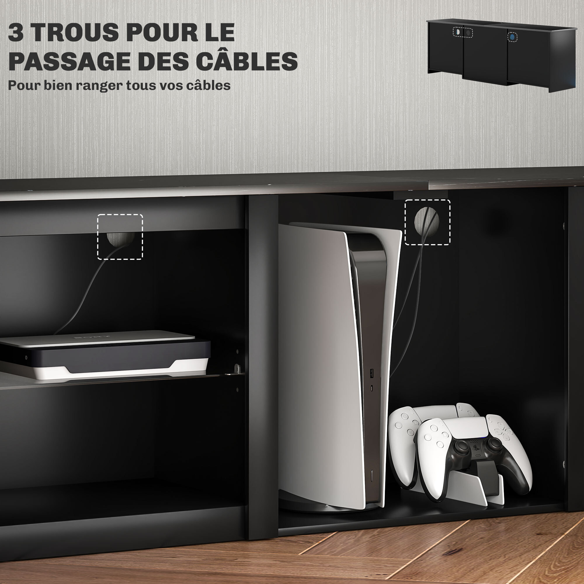 Meuble TV design LED - banc TV contemporain - 2 étagères verre, grande niche et plateau - dim. 160 x 35 x 35 cm - noir