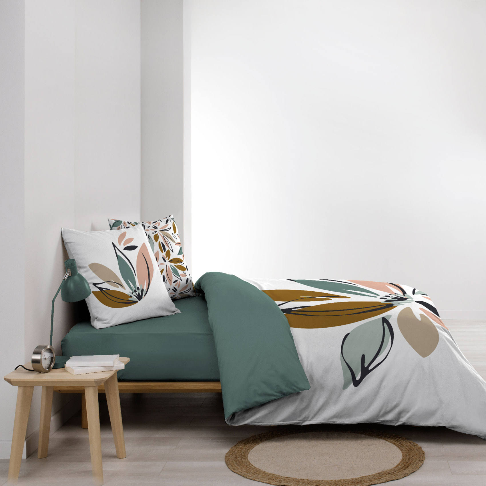 Parure de lit en coton motif floral avec double face imprimée - Vert