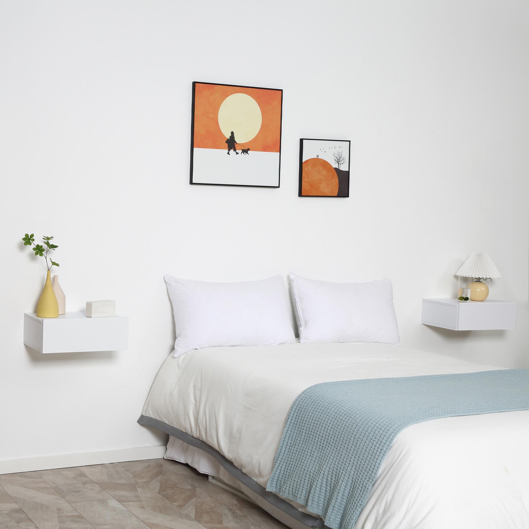 HOMCOM Set de 2 Mesitas de Noche Flotantes con 1 Cajón Diseño Montado en la Pared Estilo Moderno para Dormitorio 40x30x15 cm Blanco