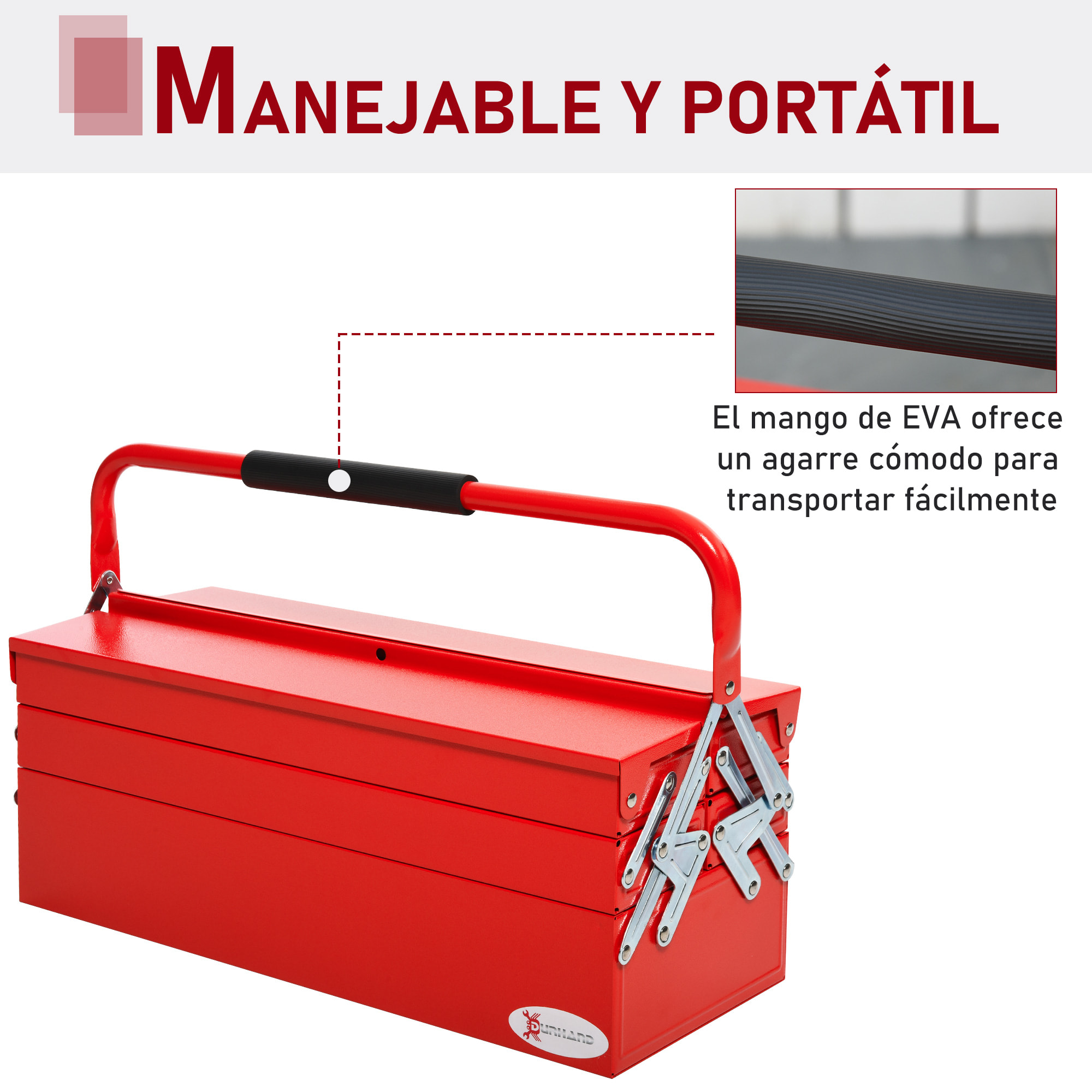 DURHAND Caja de Herramientas de Acero Plegable Portátil con 5 Compartimentos y Mango de Transporte para Taller Bricolaje Hogar 56x20x21-34 cm Rojo