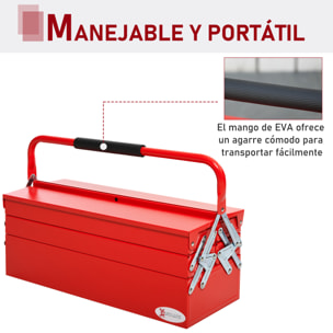 DURHAND Caja de Herramientas de Acero Plegable Portátil con 5 Compartimentos y Mango de Transporte para Taller Bricolaje Hogar 56x20x21-34 cm Rojo