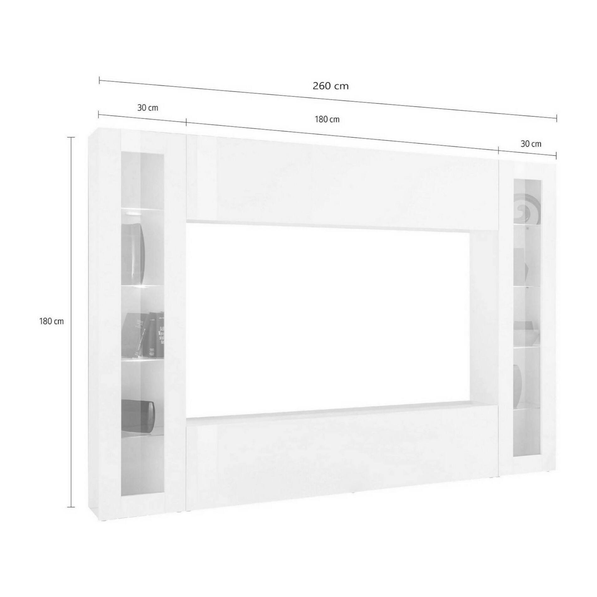 Parete attrezzata da soggiorno, Made in Italy, Base porta TV e pensili e scaffali, Set salotto moderno, cm 260x30h180, colore Bianco lucido, con luce LED blu e due vetrine