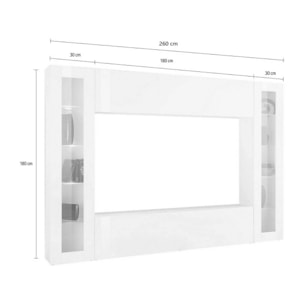 Parete attrezzata da soggiorno, Made in Italy, Base porta TV e pensili e scaffali, Set salotto moderno, cm 260x30h180, colore Bianco lucido, con luce LED blu e due vetrine