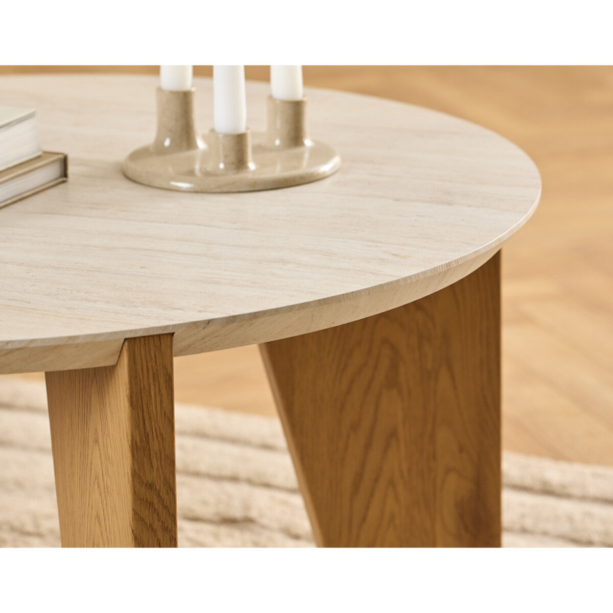 Noeva - table basse - pieds en chêne - plateau effet travertin - 80 cm - Bois