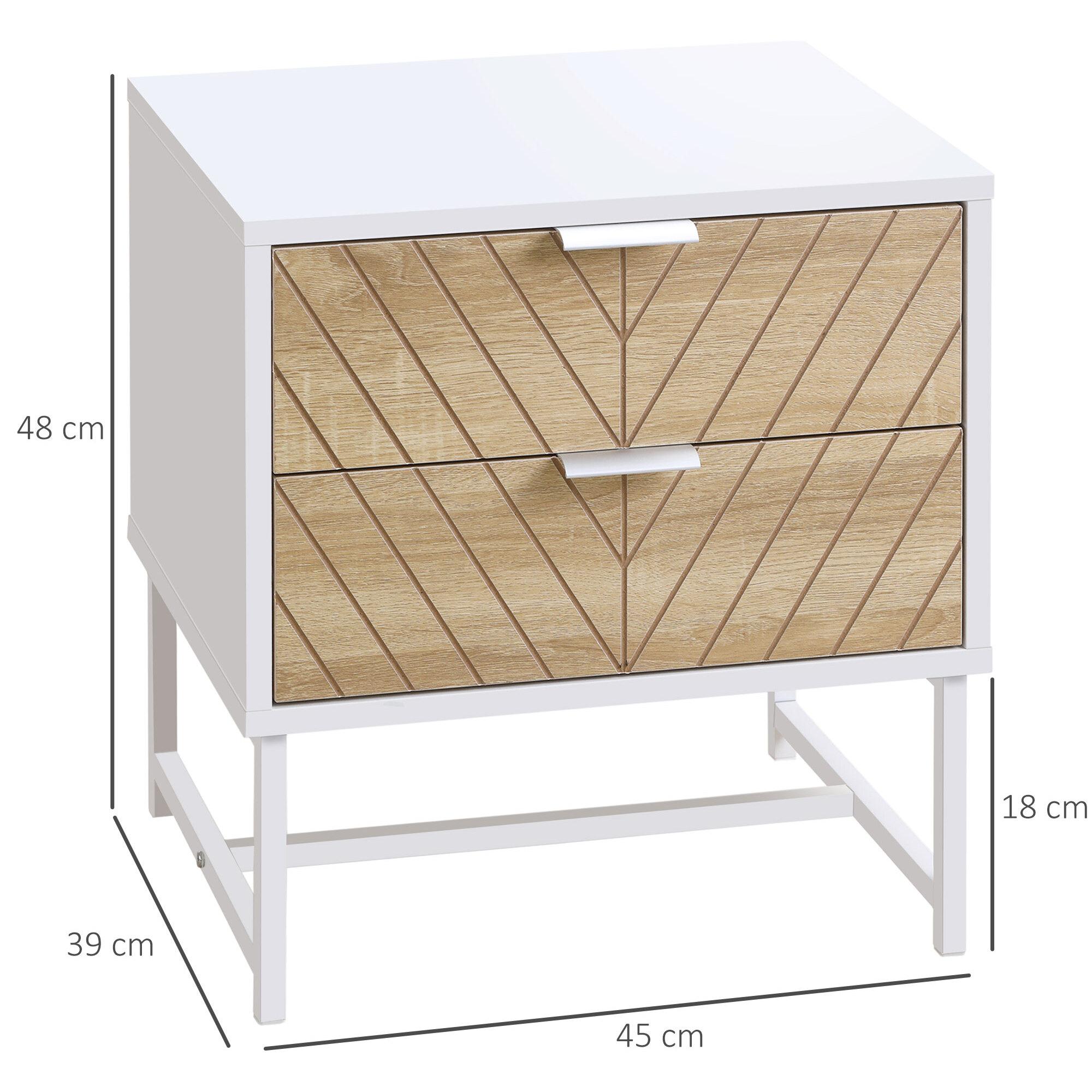 Mesilla de Noche con 2 Cajones Mesita de Noche con Patas de Acero Gabinete de Noche para Salón Dormitorio Cama 45x39x48 cm Blanco y Roble