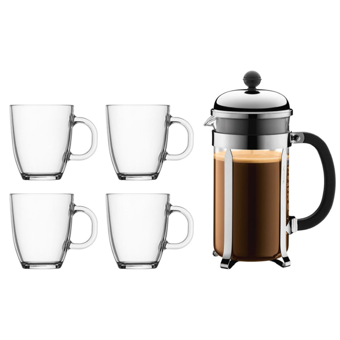CHAMBORD SET: Cafetière à piston, 8 tasses, 1.0 l et 4 mugs en verre trempé BISTRO, 0.35 l