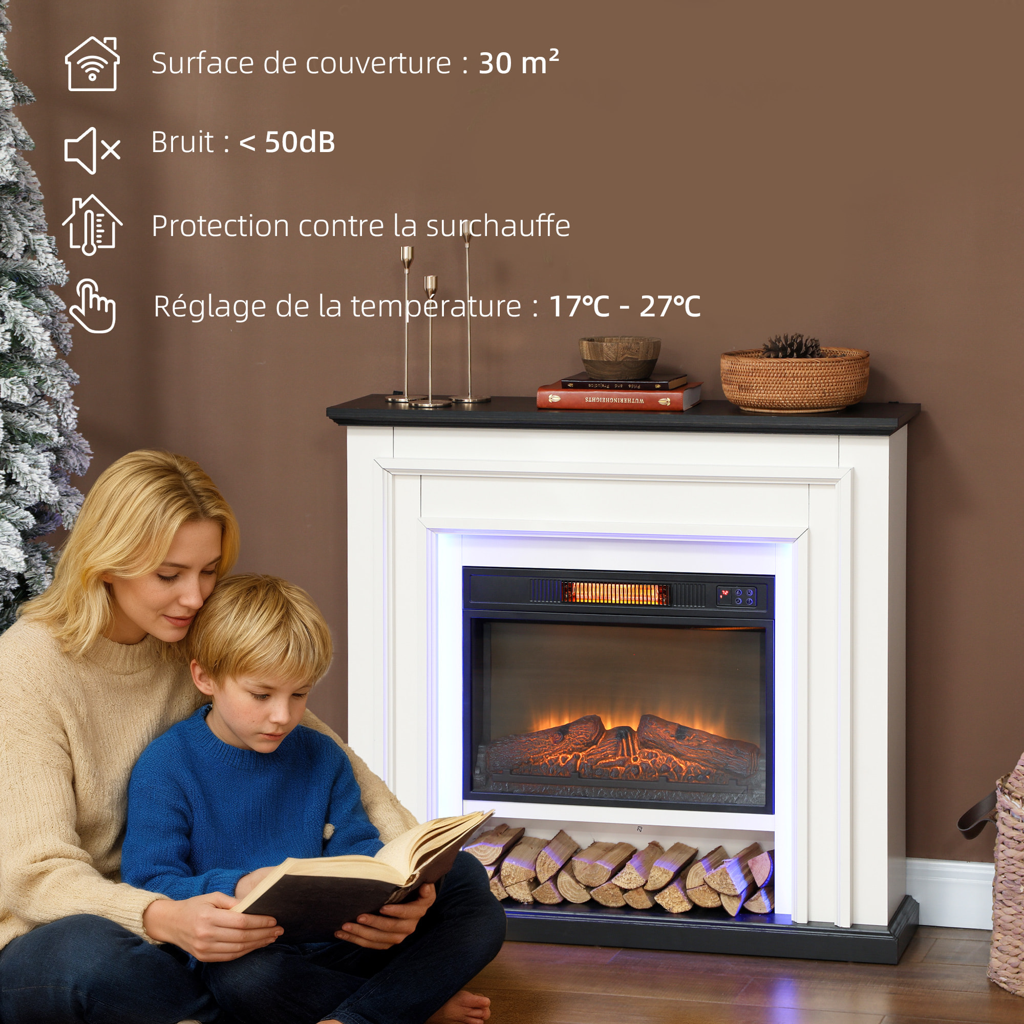 Cheminée électrique LED multicolore design classique grande taille 105 x 27 x 97 cm télécommande blanc noir