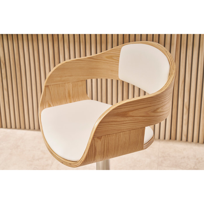 Tabourets de bar design réglables en polyuréthane blanc et bois clair (lot de 2) EUSTACHE