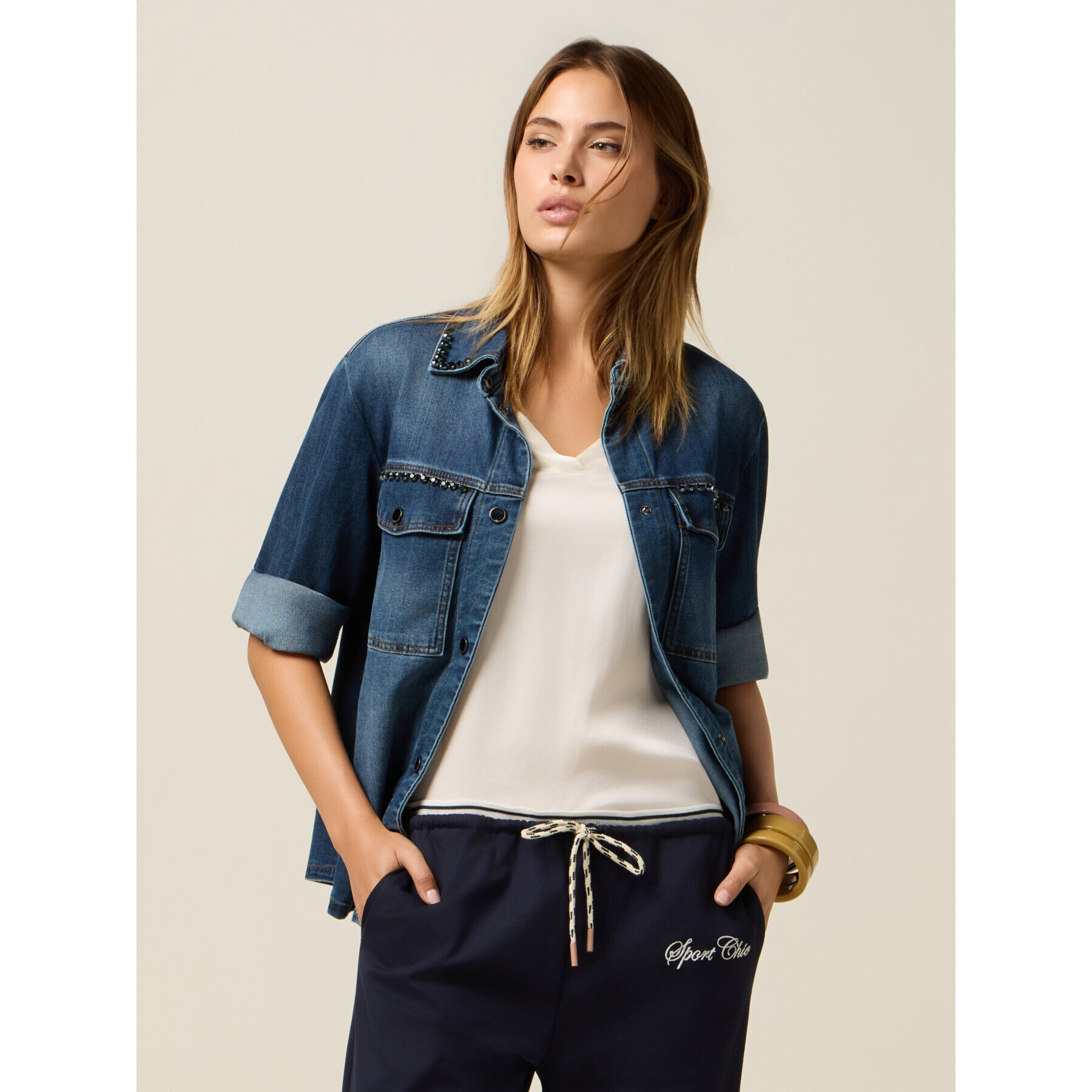 Oltre - Camicia giacca in denim con cristalli - Blu