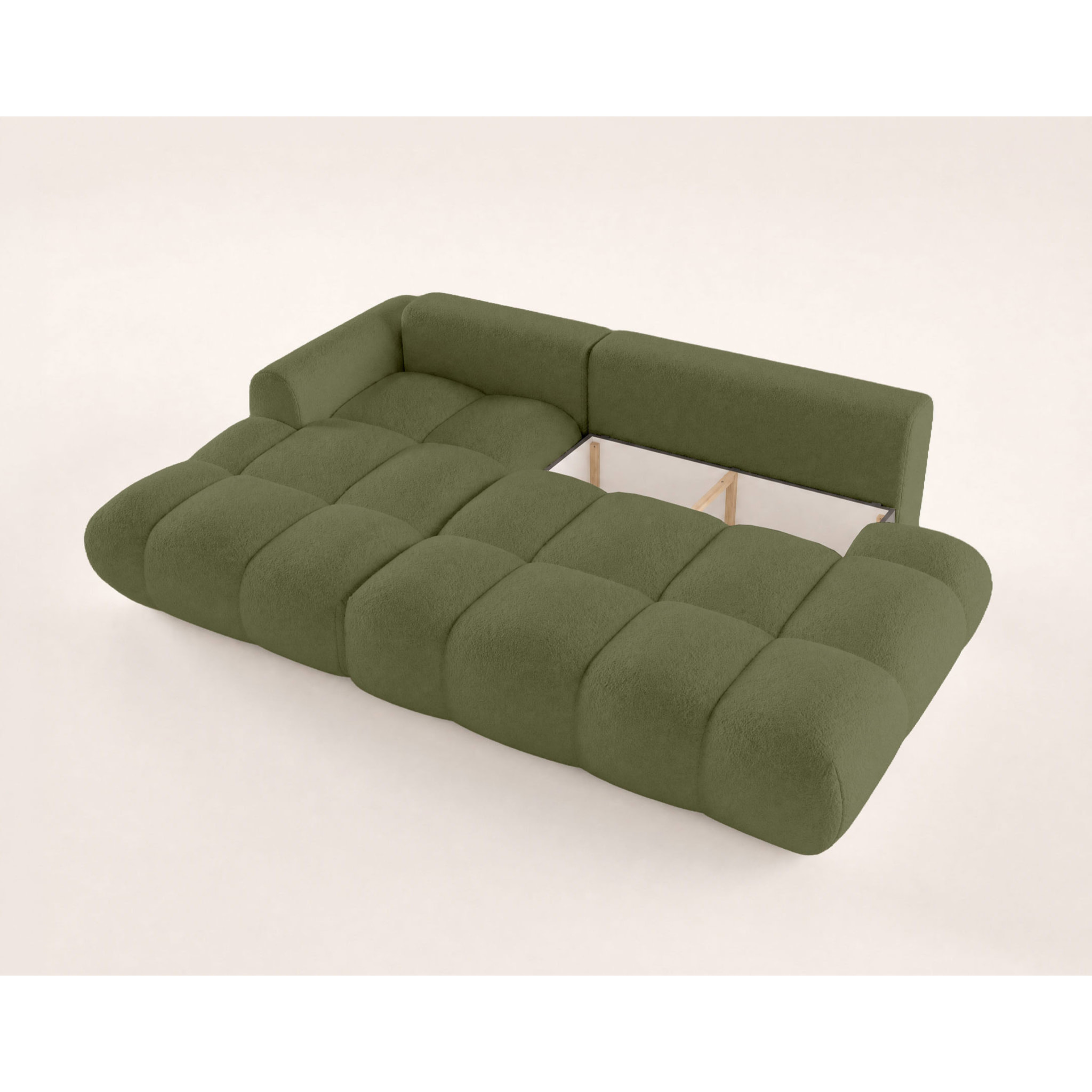 Yulin - Canapé d'angle ouvert gauche 4 places convertible avec coffre en tissu bouclette - Vert