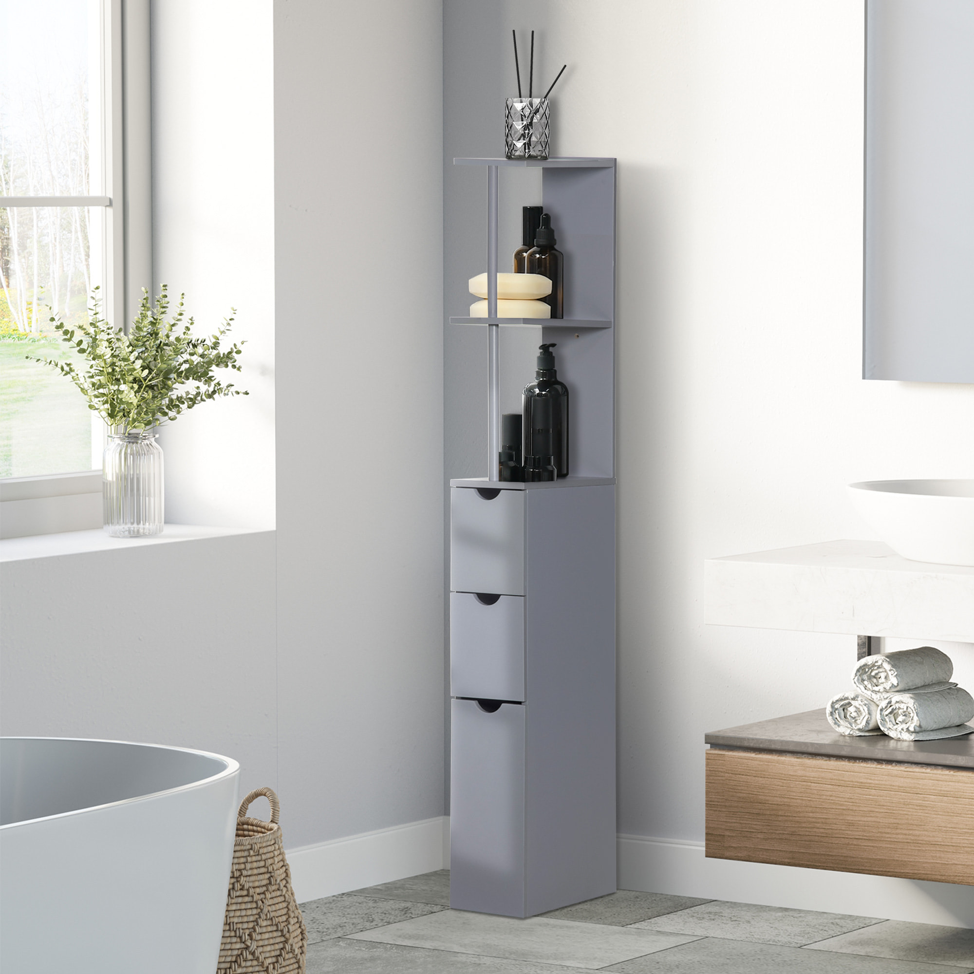 Columna Auxiliar de Baño Moderno Armario de Baño Mueble Auxiliar de Baño con 2 Estantes 2 Cajones y 1 Puerta Antivuelco 15x33x136,5 cm Gris