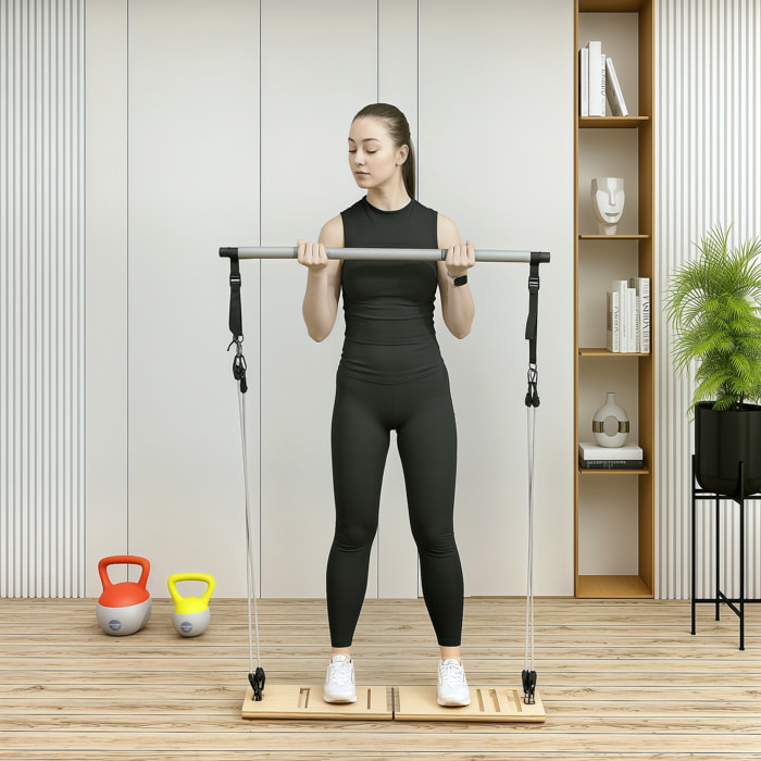 Kit de Barra de Pilates Kit de Pilates con 6 Bandas Elásticas Tabla Inclinada Ajustable para Entrenamiento de Cuerpo Completo en Casa Gris