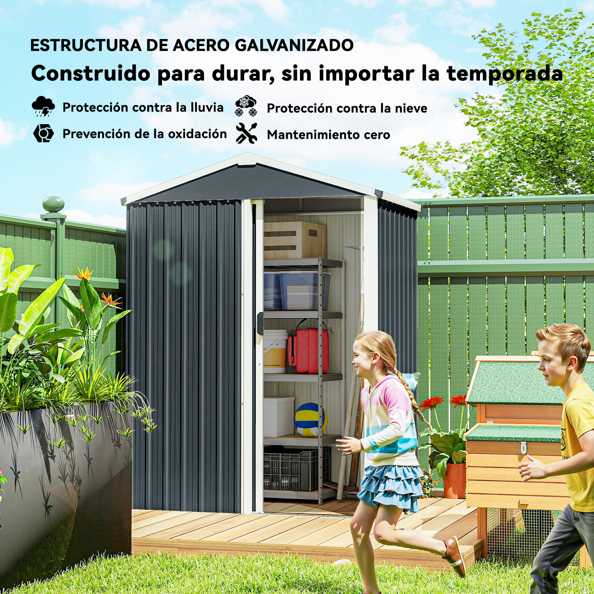 Caseta de Jardín Exterior 1,1 m², 136x87x179 cm, Cobertizo de Jardín Exterior Metálico con Puerta Corredera, Techo Inclinado y Guantes, para Almacenaje de Herramientas Bicicletas, Gris Oscuro