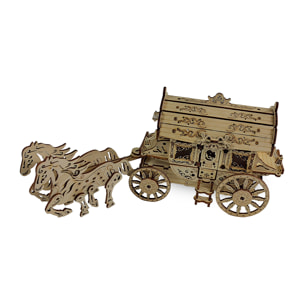 Maqueta de Madera 3D, con movimiento mecánico diseño de carruaje con caballos. 134 piezas.