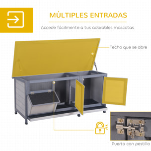 Conejera de Madera, Jaula para Conejos con Techo Asfáltico Abatible, Puertas con Pestillo, Bandejas Extraíbles y Comedero, Conejera para Exterior, 112x50x54 cm, Gris